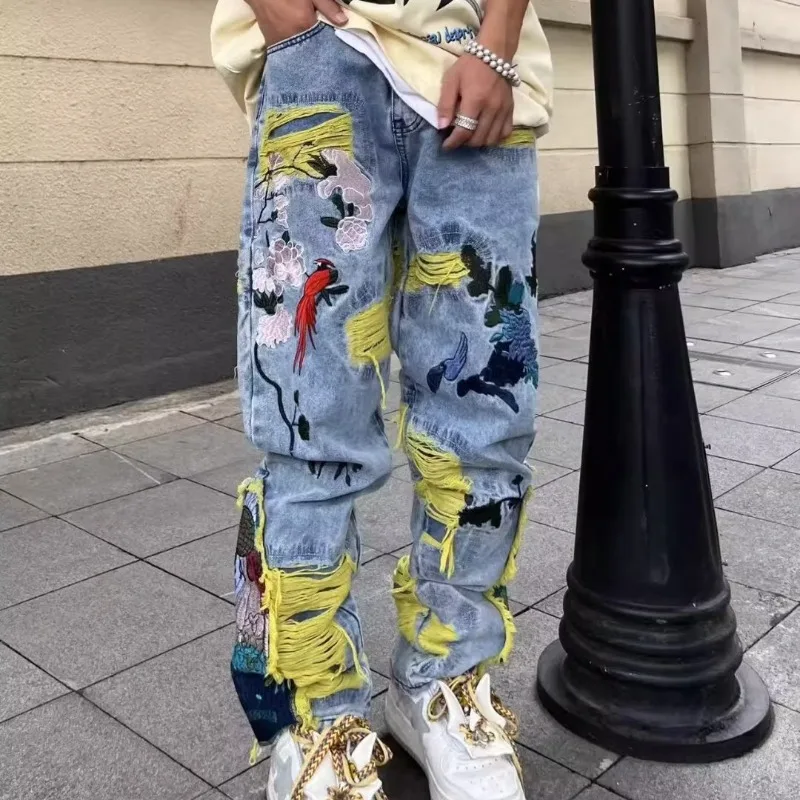 Street Fashion Jeans Men - Jeans délabrés brodés hip-hop vintage pour
