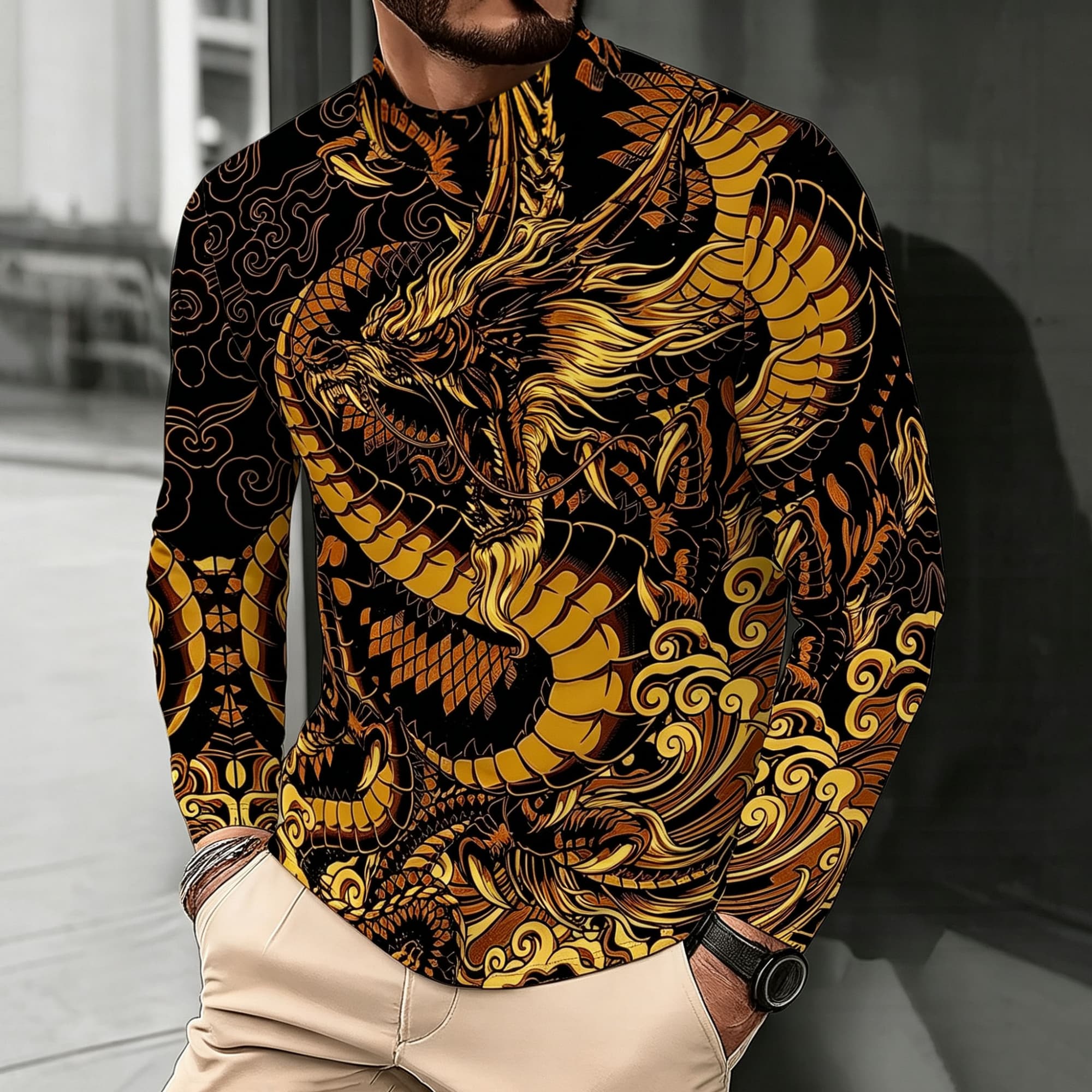 Street Fashion Asian Men - T-shirt à col montant et manches